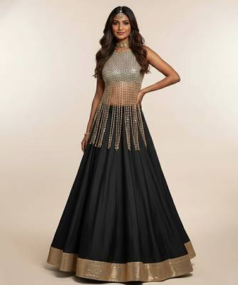 Black Silk Lehenga with Beaded Fringe Blouse 1