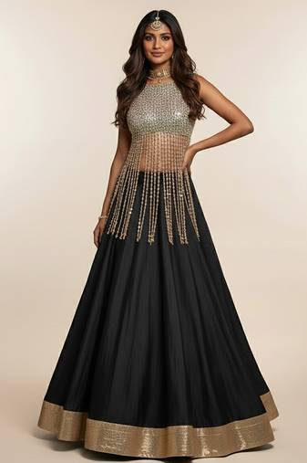 Black Silk Lehenga with Beaded Fringe Blouse