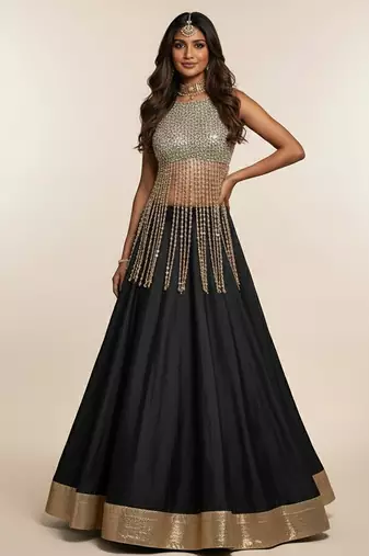 Black Silk Lehenga with Beaded Fringe Blouse