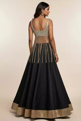 Black Silk Lehenga with Beaded Fringe Blouse