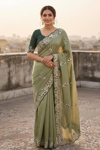 light green color amazing Sequences  Thread Embroidery Work Vichitra Silk Saree
