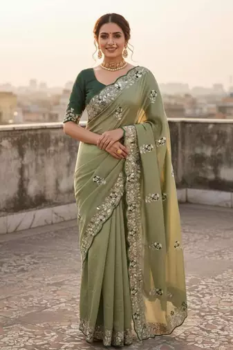 light green color amazing Sequences  Thread Embroidery Work Vichitra Silk Saree