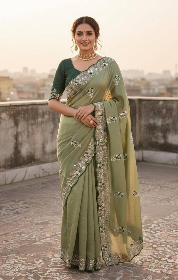 light green color amazing Sequences  Thread Embroidery Work Vichitra Silk Saree