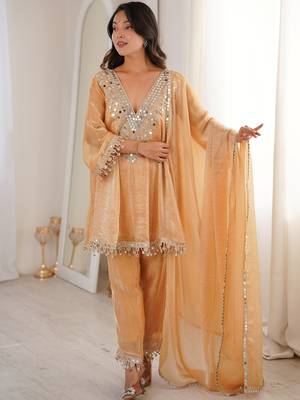 Marvelous Beige Lace Work Silk Wedding Wear Pant Suit With Dupatta 1