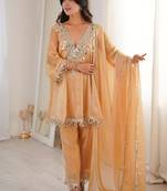 Marvelous Beige Lace Work Silk Wedding Wear Pant Suit With Dupatta
