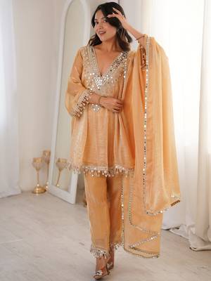 Marvelous Beige Lace Work Silk Wedding Wear Pant Suit With Dupatta 3