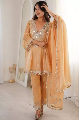 Marvelous Beige Lace Work Silk Wedding Wear Pant Suit With Dupatta