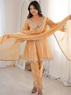 Marvelous Beige Lace Work Silk Wedding Wear Pant Suit With Dupatta 4