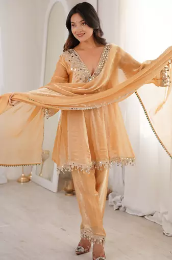 Marvelous Beige Lace Work Silk Wedding Wear Pant Suit With Dupatta