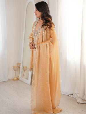 Marvelous Beige Lace Work Silk Wedding Wear Pant Suit With Dupatta 5