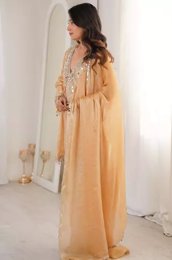 Marvelous Beige Lace Work Silk Wedding Wear Pant Suit With Dupatta