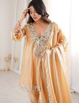 Marvelous Beige Lace Work Silk Wedding Wear Pant Suit With Dupatta 6