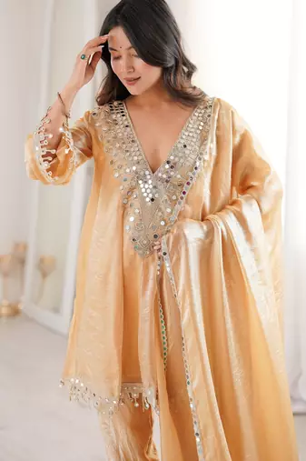 Marvelous Beige Lace Work Silk Wedding Wear Pant Suit With Dupatta