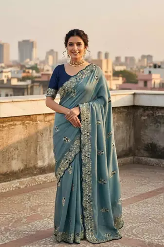 Sky Blue color amazing Sequences  Thread Embroidery Work Vichitra Silk Saree