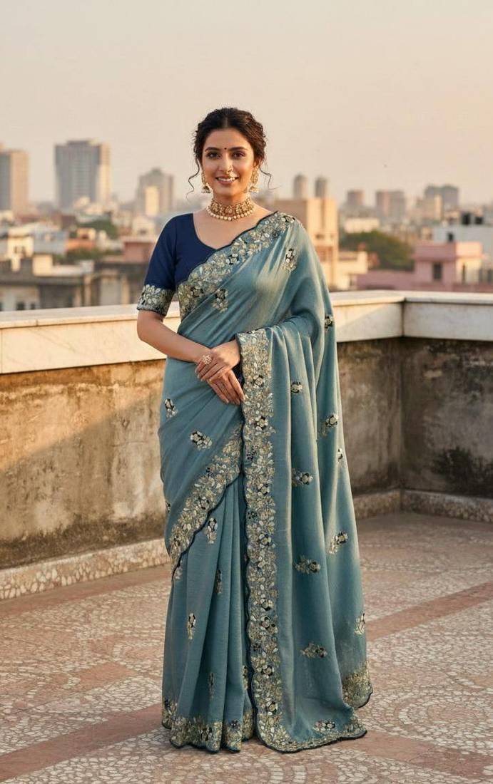 Sky Blue color amazing Sequences  Thread Embroidery Work Vichitra Silk Saree