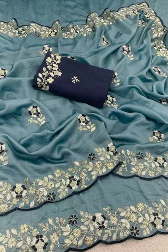 Sky Blue color amazing Sequences  Thread Embroidery Work Vichitra art silk saree