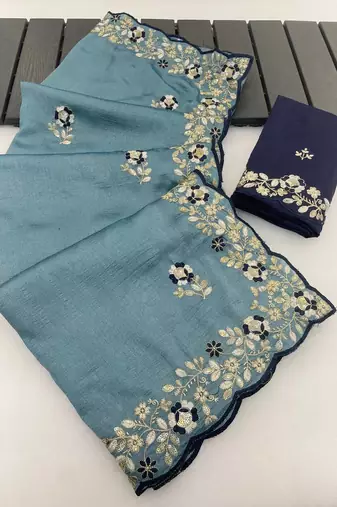 Sky Blue color amazing Sequences  Thread Embroidery Work Vichitra art silk saree