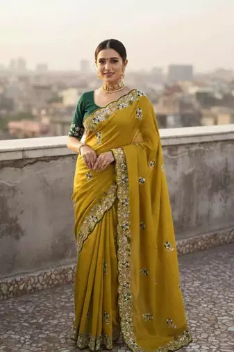 Yellow color amazing Sequences  Thread Embroidery Work Vichitra Silk Saree