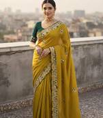 Yellow color amazing Sequences  Thread Embroidery Work Vichitra Silk Saree