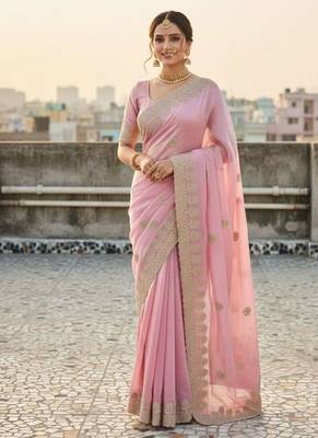 Baby Pink embroidery work and all over sarees butta work with cutwork border work satin Saree 1