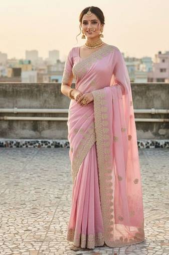 Baby Pink embroidery work and all over sarees butta work with cutwork border work satin Saree