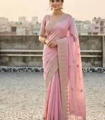 Baby Pink embroidery work and all over sarees butta work with cutwork border work satin Saree