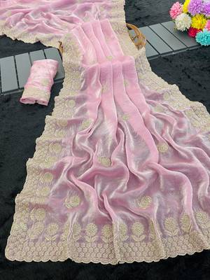 Baby Pink embroidery work and all over sarees butta work with cutwork border work satin Saree 2