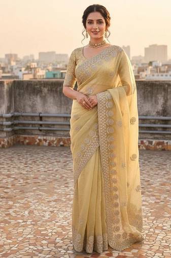Light Yellow embroidery work and all over sarees butta work with cutwork border work satin Saree