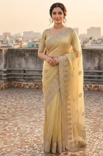 Light Yellow embroidery work and all over sarees butta work with cutwork border work satin Saree