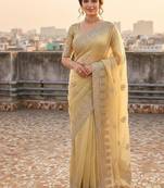 Light Yellow embroidery work and all over sarees butta work with cutwork border work satin Saree