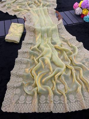 Light Yellow embroidery work and all over sarees butta work with cutwork border work satin Saree 2