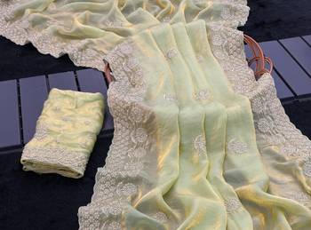 Light Yellow embroidery work and all over sarees butta work with cutwork border work satin Saree 3