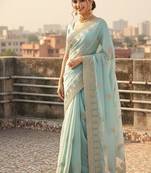 Sky Blue embroidery work and all over sarees butta work with cutwork border work satin Saree