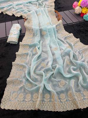 Sky Blue embroidery work and all over sarees butta work with cutwork border work satin Saree 2