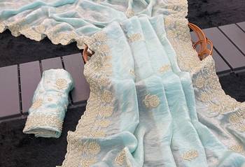 Sky Blue embroidery work and all over sarees butta work with cutwork border work satin Saree 3