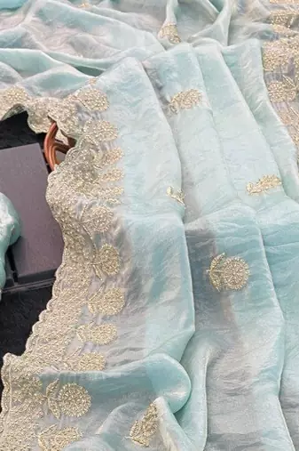 Sky Blue embroidery work and all over sarees butta work with cutwork border work satin Saree