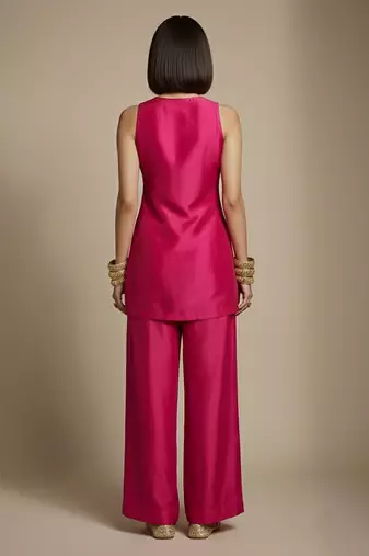Pink embroidered raw silk co ord set