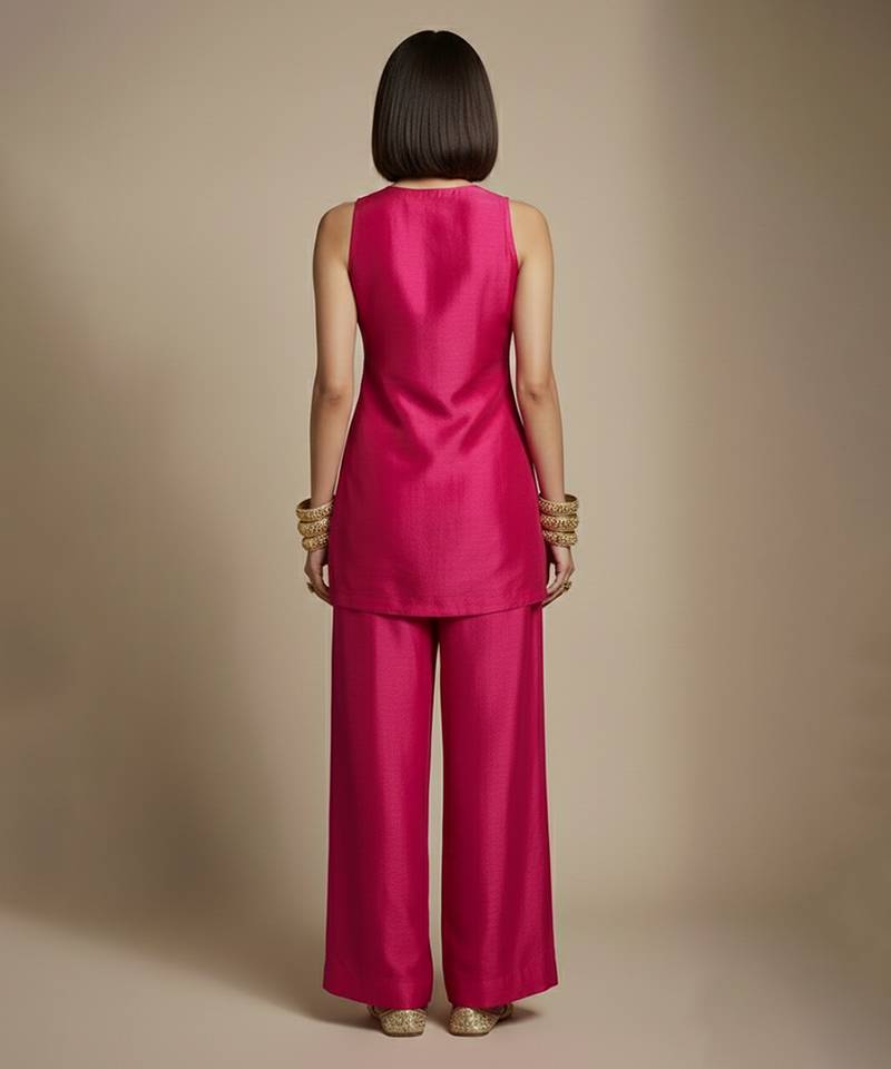 Pink embroidered raw silk co ord set