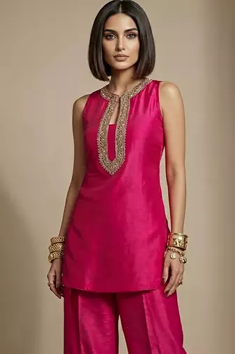Pink embroidered raw silk co ord set