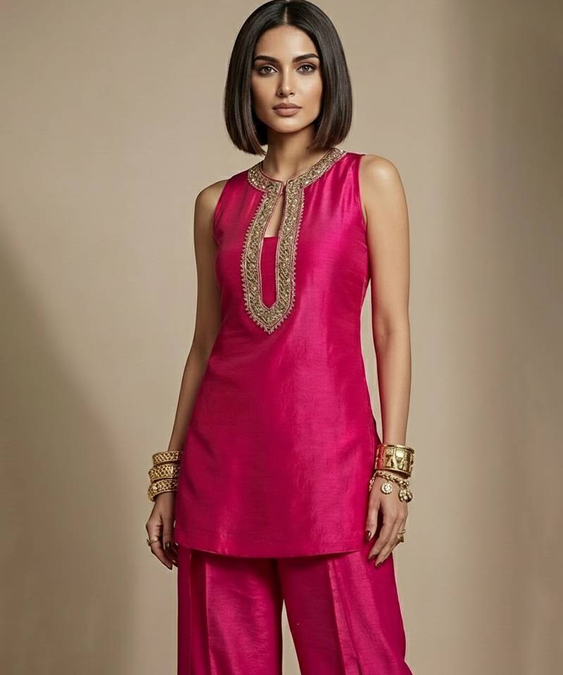 Pink embroidered raw silk co ord set