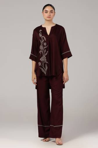 Maroon floral embroidered relaxed coord set