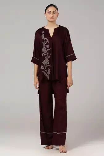 Maroon floral embroidered relaxed coord set