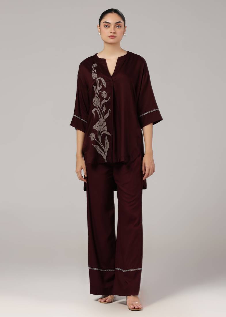 Maroon floral embroidered relaxed coord set