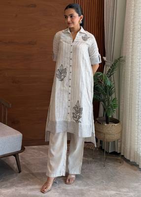 Sand leaf striped embroidered cotton kurta set 1