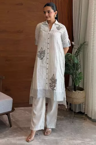 Sand leaf striped embroidered cotton kurta set
