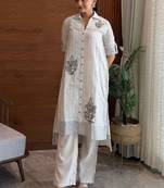 Sand leaf striped embroidered cotton kurta set