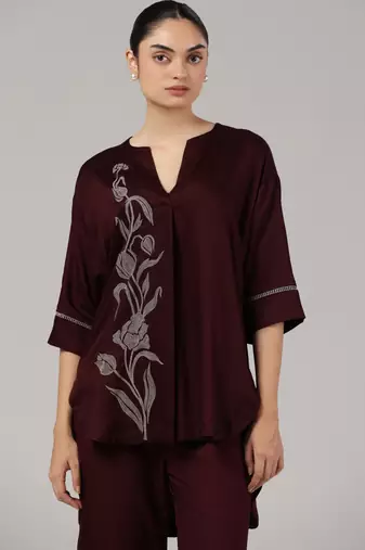 Maroon floral embroidered relaxed coord set