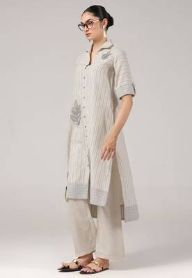 Sand leaf striped embroidered cotton kurta set 3