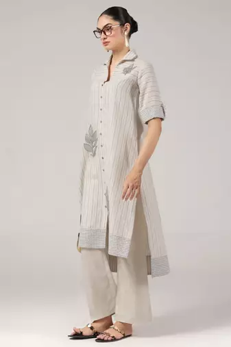 Sand leaf striped embroidered cotton kurta set