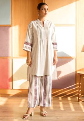 Cream weave striped cotton coord set 1